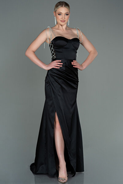 Abiyefon Siyah Taş Askılı Yırtmaçlı Uzun Saten Abiye ABU3198