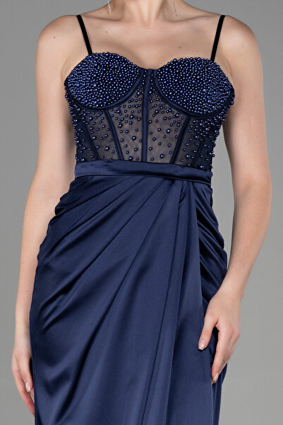 Abiyefon Navy Blue Satin Evening Dress - Bead Detail and Leg Cut-out, Long Abu3312