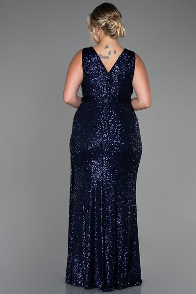 Abiyefon Navy Blue Sleeveless Double-breasted Collar Long Sequin Plus Size Evening Dress ABU3194