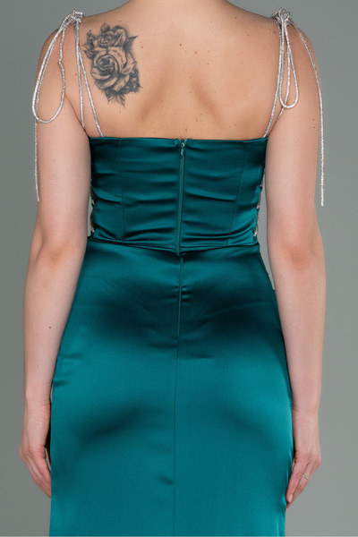 Abiyefon Zümrüt Yeşili Taş Askılı Yırtmaçlı Uzun Saten Abiye ABU3198