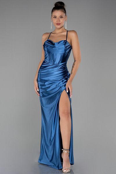 Abiyefon Long Satin Indigo Evening Dress - Leg Cut-Out and Underwire Corset ABU3247