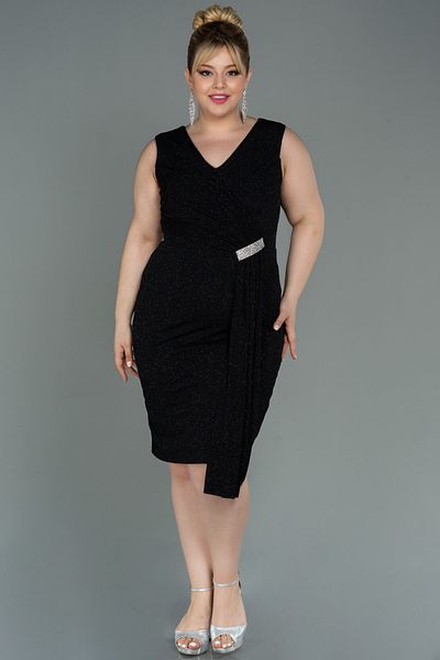 Abiyefon Black Sleeveless V-Neck Glitter Midi Plus Size Evening Dress ABK1752
