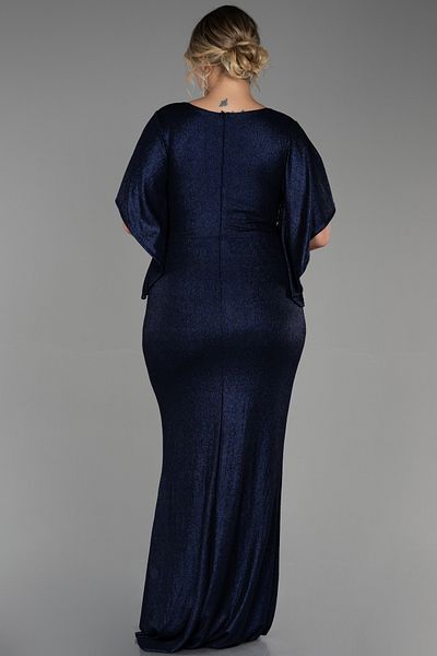 Abiyefon Navy Blue Short Sleeve Double Breasted Collar Long Plus Size Evening Dress Abu3280