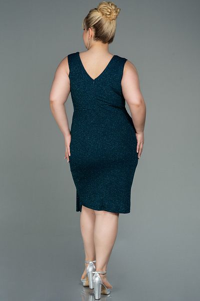 Abiyefon Emerald Green Sleeveless V-Neck Glitter Midi Plus Size Evening Dress ABK1752