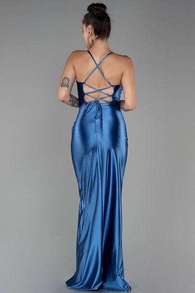 Abiyefon Long Satin Indigo Evening Dress - Leg Cut-Out and Underwire Corset ABU3247