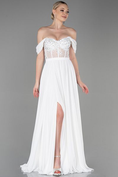 Abiyefon Ecru Embroidered Boat Neck Slit Long Chiffon Evening Dress ABU3310