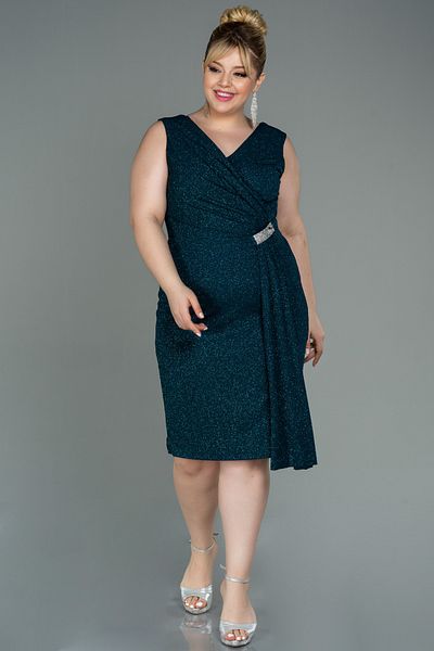 Abiyefon Emerald Green Sleeveless V-Neck Glitter Midi Plus Size Evening Dress ABK1752