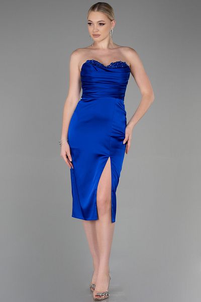 Abiyefon Saks Blue Jewelled Strapless Chest Draped Midi Satin Evening Dress ABK1845
