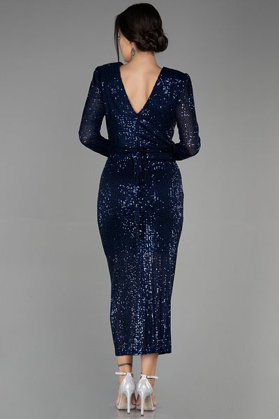 Abiyefon Navy Blue Sequin Midi Invitation Dress - Long Sleeve and Slit ABK1808