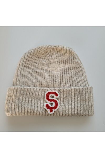 initialess Mohair Folded Knitted Stone Wool Beret with Letter S