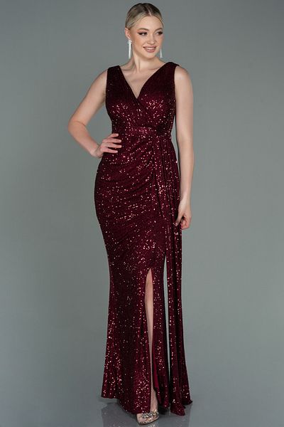 Abiyefon Burgundy Sleeveless Double Breasted Collar Long Sequin Evening Dress ABU3201