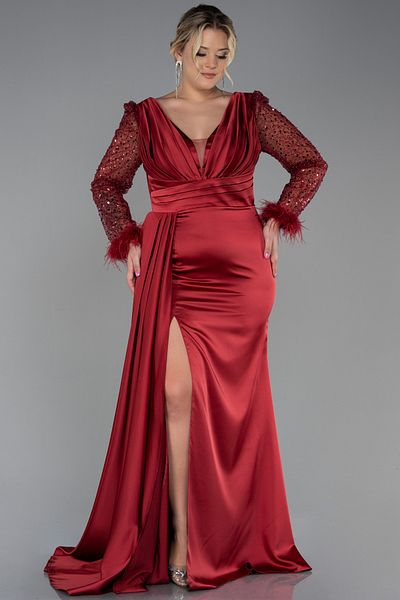 Abiyefon Burgundy Sequin Long Sleeve Satin Plus Size Evening Dress Abu3237