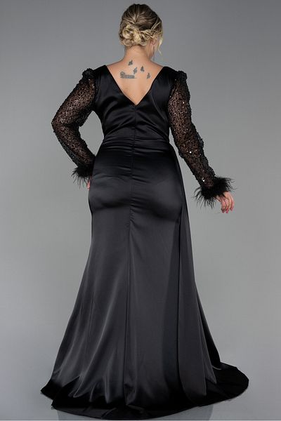 Abiyefon Black Sequin Long Sleeve Satin Plus Size Evening Dress Abu3237
