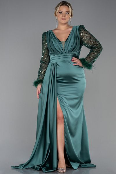 Abiyefon Long Sleeve Satin Plus Size Evening Dress Emerald Green Sequin - ABU3237