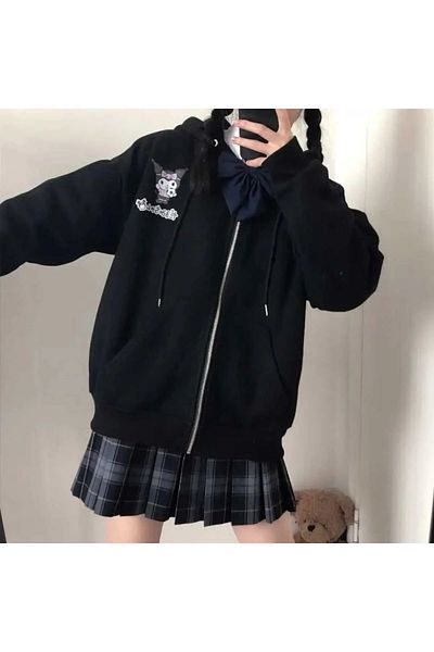 Gofeel Harajuku Kuromi Printed Hooded Oversize Black Cardigan - Zippered Streetwear