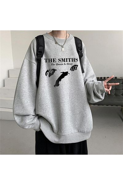 Touz The Smiths Printed Grey Unisex Oversize φούτερ με λαιμόκοψη