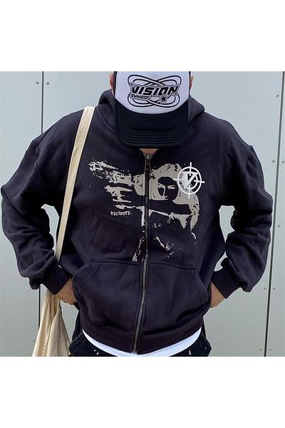 Touz Killer Girl Vicinity Printed Oversize Μαύρη ζακέτα με κουκούλα Unisex με φερμουάρ