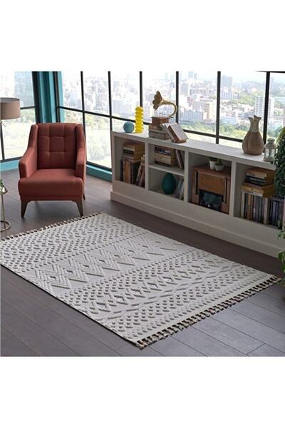 GÜMÜŞSUYU Deco Alvin Ekru Dekoratif Dokulu Saçaklı Yıkanılabilir Makine Dokum...