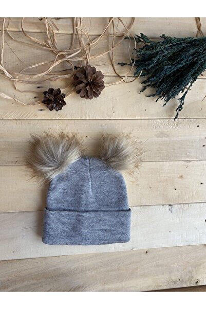 MARSEL BUTİK رمادي مزدوج Pompom Beanie تريكو الطفل