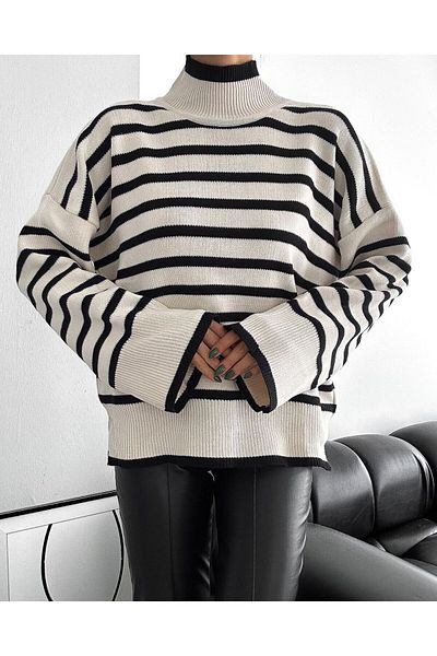 NATUFIAN STORE Women's Striped Oversize Half Turtleneck knitwear Sweater