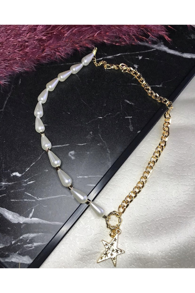 NURDEMİR BUTİK YILDIZ DETAYLI GOLD - YARI OVAL İNCİ YARI ZİNCİR KOLYE