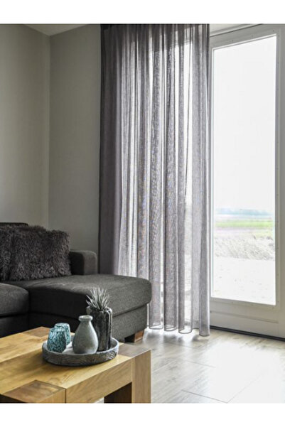 Ran Perde Çizgi Efektli Gri Keten Tül Perde
