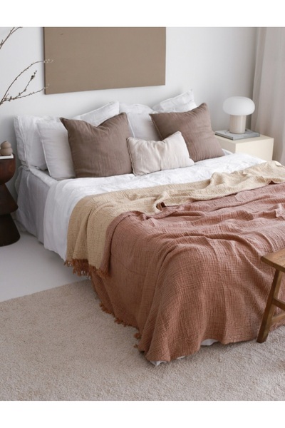 YASEMİNİNEVİ Brown 4 Layer Muslin Bedspread / 2 Pillowcases