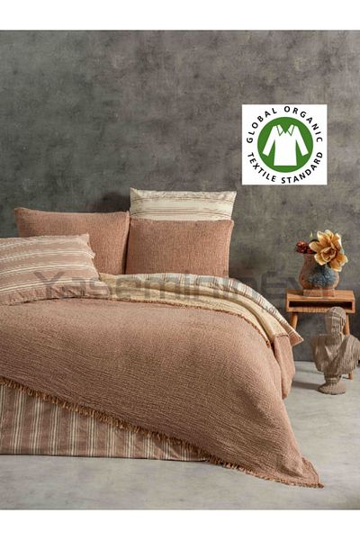 YASEMİNİNEVİ Brown 4 Layer Muslin Bedspread / 2 Pillowcases