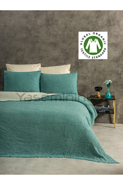 YASEMİNİNEVİ King Size Turquoise Muslin Bedspread / Pike Set with 2 Pillowcases