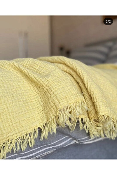 YASEMİNİNEVİ Limon Sarısı - Ekru Battal Boy 4 Kat Müslin Yatak Örtüsü %100 Pamuk Müslin