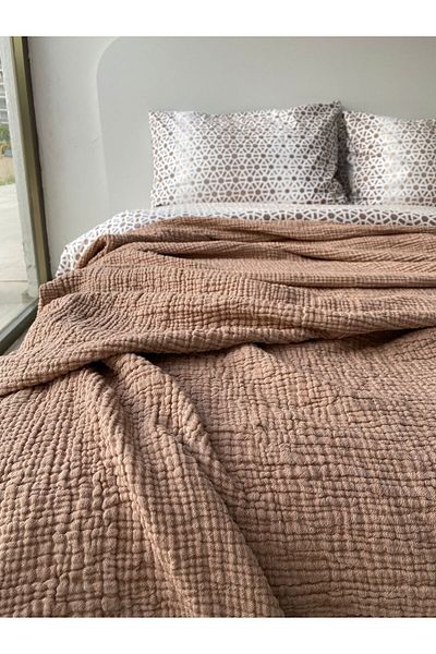 YASEMİNİNEVİ Brown King Size 100% Cotton 4 Layer Muslin Bedspread Pique