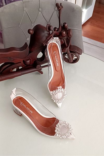 LA CALZATURE Pantofi de damă stiletto cu toc de 5 cm cu mustață albă și accesorii complete transparente