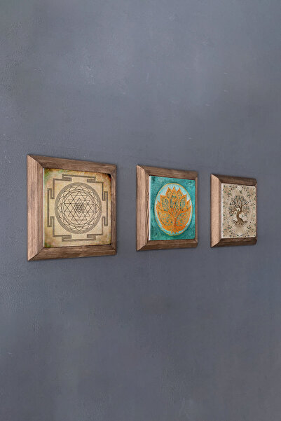 Oscar Stone Decor Masif (Ahşap) Çerçeveli 3'lü Set Taş Tablo Pano 28X28 cm Sri Yantra Lotus