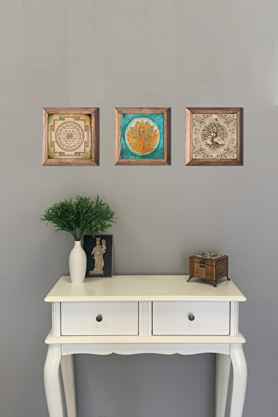 Oscar Stone Decor Masif (Ahşap) Çerçeveli 3'lü Set Taş Tablo Pano 28X28 cm Sri Yantra Lotus