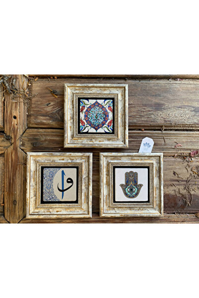 Oscar Stone Decor Çerçeveli Taş Tablo 20x20 cm 3 Lü Set Çini Deseni Fatma Ana...