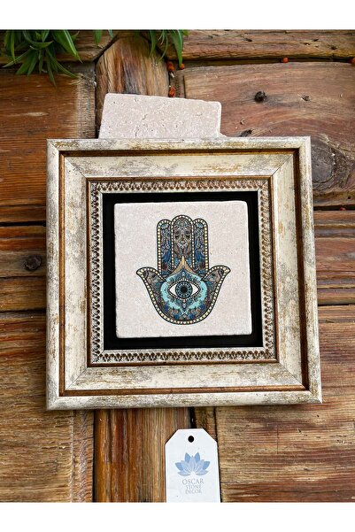 Oscar Stone Decor Çerçeveli Taş Duvar Dekoru Tablo 3'lü Set 20x20cm Nar Dua Fatma Ana Eli Nazar Göz