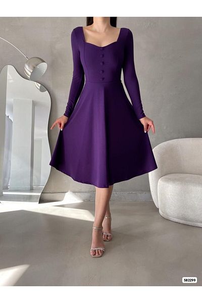 Masspera Sweetheart Neck Long Sleeve Button Design Midi Length Evening Dress