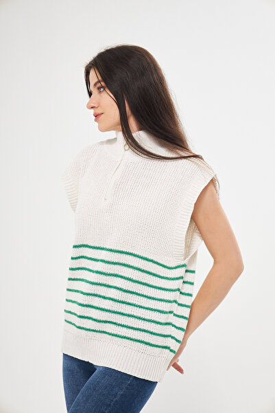 Eke Tekstil White Zippered Striped Knitwear Sweater