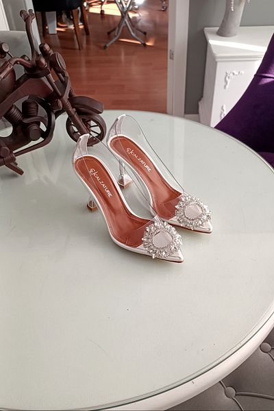 LA CALZATURE Transparent White 9cm Heeled Stiletto Women's Shoes with Stone Accessories