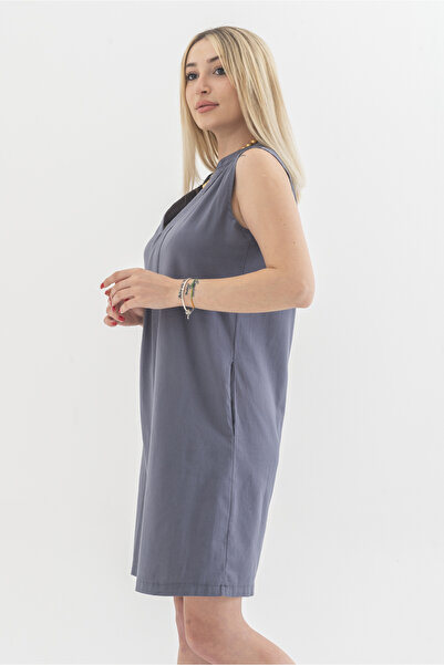 Bold & Young Gray Women's Washed Cotton Lycra Dress with Pockets