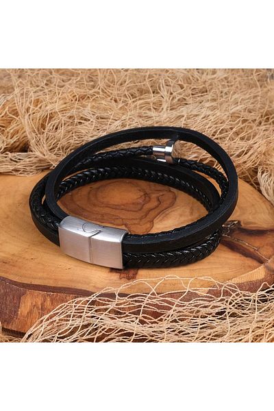 TESBİHCİBABA Deep Black Braided Men's Leather Steel Bracelet,