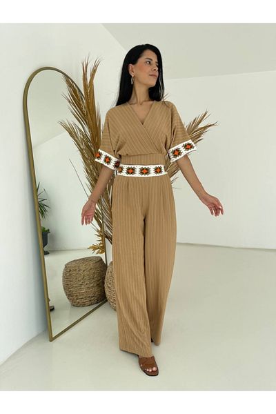 Elif Özbey Butik Σετ Πλεκτό Κεντητό Πλεκτό Διπλό γιακά Camel