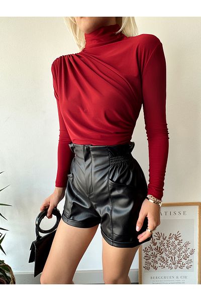 schlank Women's Red Sandy Blouse - Stand Collar and Gather Detail