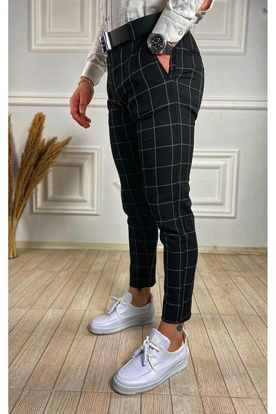 ukdwear Ανδρικό μαύρο ιταλικό κομμένο καρό παντελόνι