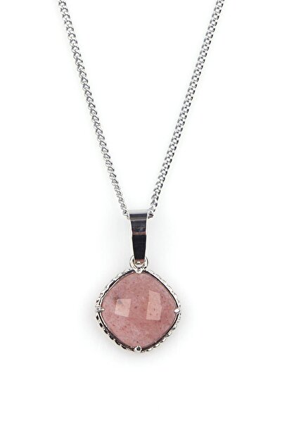 Alibaba Doğaltaş Çilek Kuvars Doğal Taş Gümüş Renkli Kolye