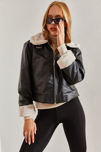 Bianco Lucci Women's Fur Lined Leather Coat with Buckled Collar