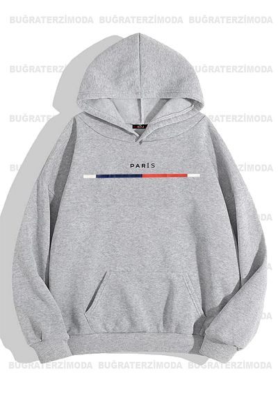 Buğraterzimoda Φούτερ με κουκούλα Paris Printed Unisex Γκρι με κουκούλα