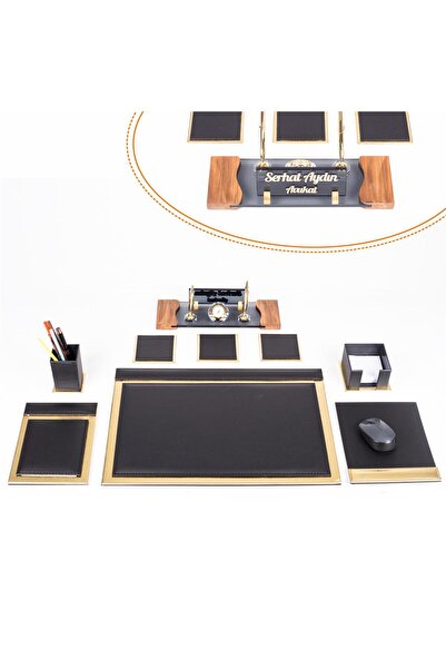 Ofistike Girit Altın Varak Deri Sümen Takımı Çift Kalemli Kristal İsimlikli K...