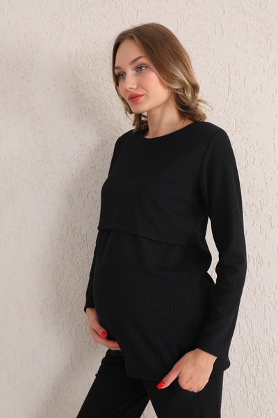 Miss Dünya Lissa Emzirmeye Uygun Siyah Kaşkorse Hamile ve Lohusa Eşofman Takımı