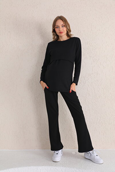 Miss Dünya Lissa Emzirmeye Uygun Siyah Kaşkorse Hamile ve Lohusa Eşofman Takımı